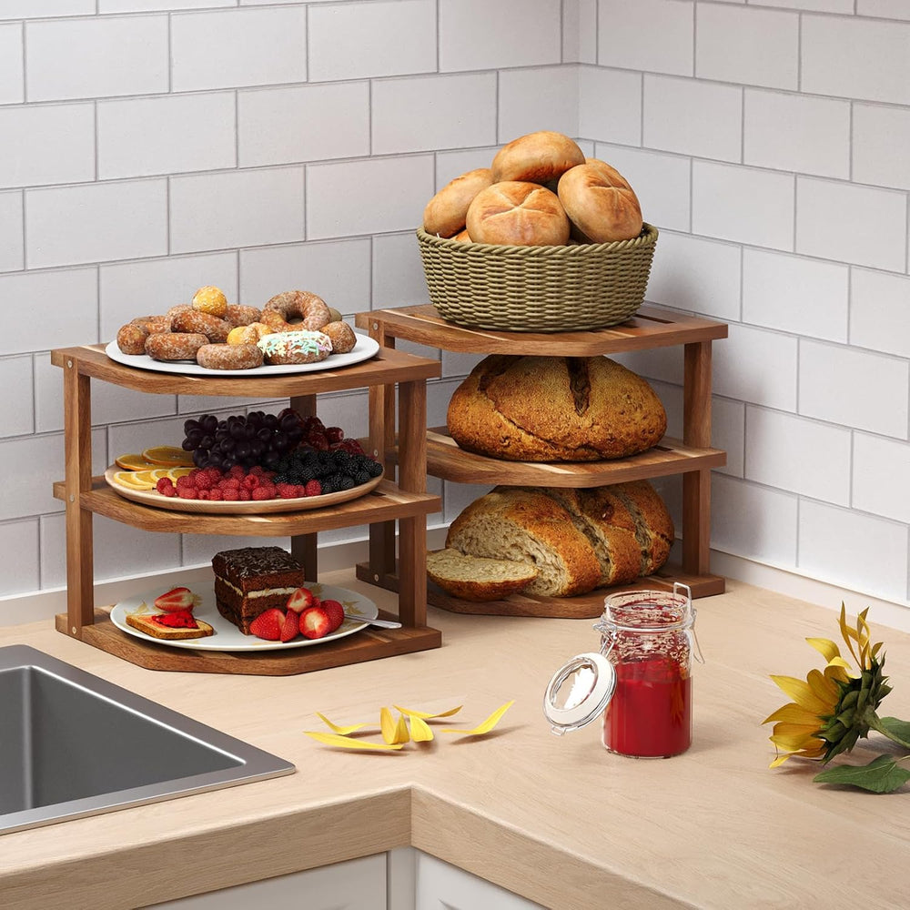 VERTORGAN 3 Tier Acacia Corner Shelf 2 Pack,Dish Drying Rack,Cabinet