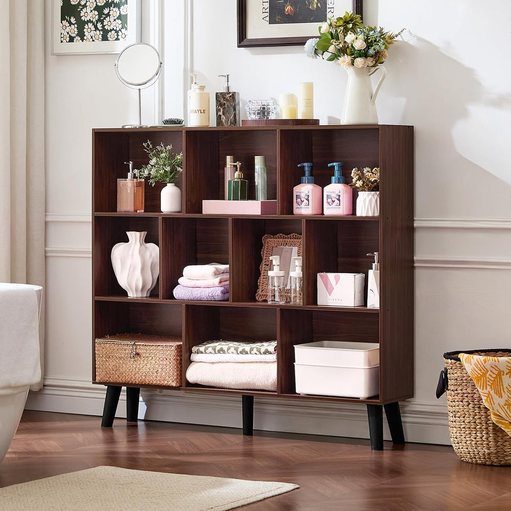 LEYAOYAO 10 Cube Bookshelf, Mid-Century Modern Book Shelf with Legs, Walnut