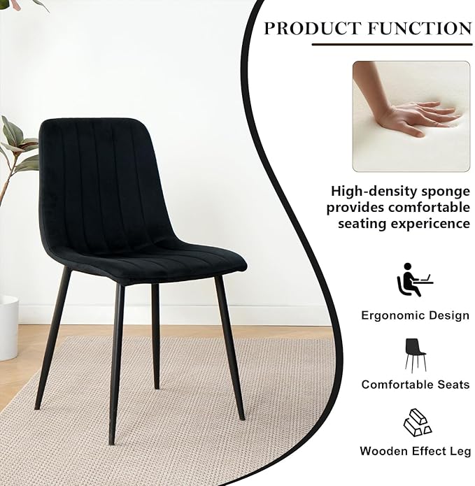 Dining Chairs Set of 6, Modern Kitchen Dining Room Chairs, Ergonomic Velvet Dining Chair Upholstered Cushion Seat and Sturdy Metal Legs(Black)