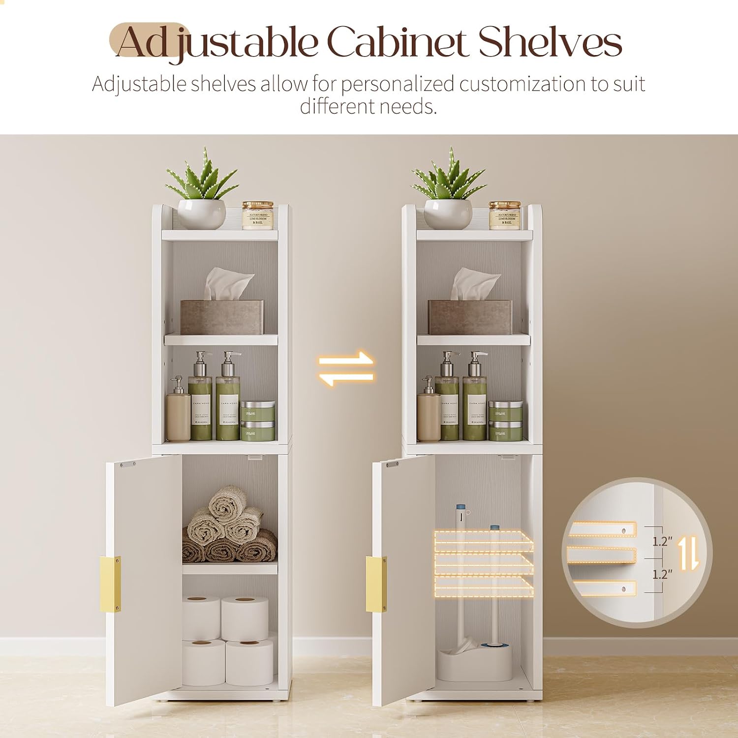 Yoobure Fluted Small Bathroom Storage Cabinet, Narrow Toilet Paper Cabinets | 7.9" D x 7.9" W, Wood Slim Corner Floor Cabinet with Door& Adjustable Shelf, Skinny Bathroom Organizer for Small Spaces,White