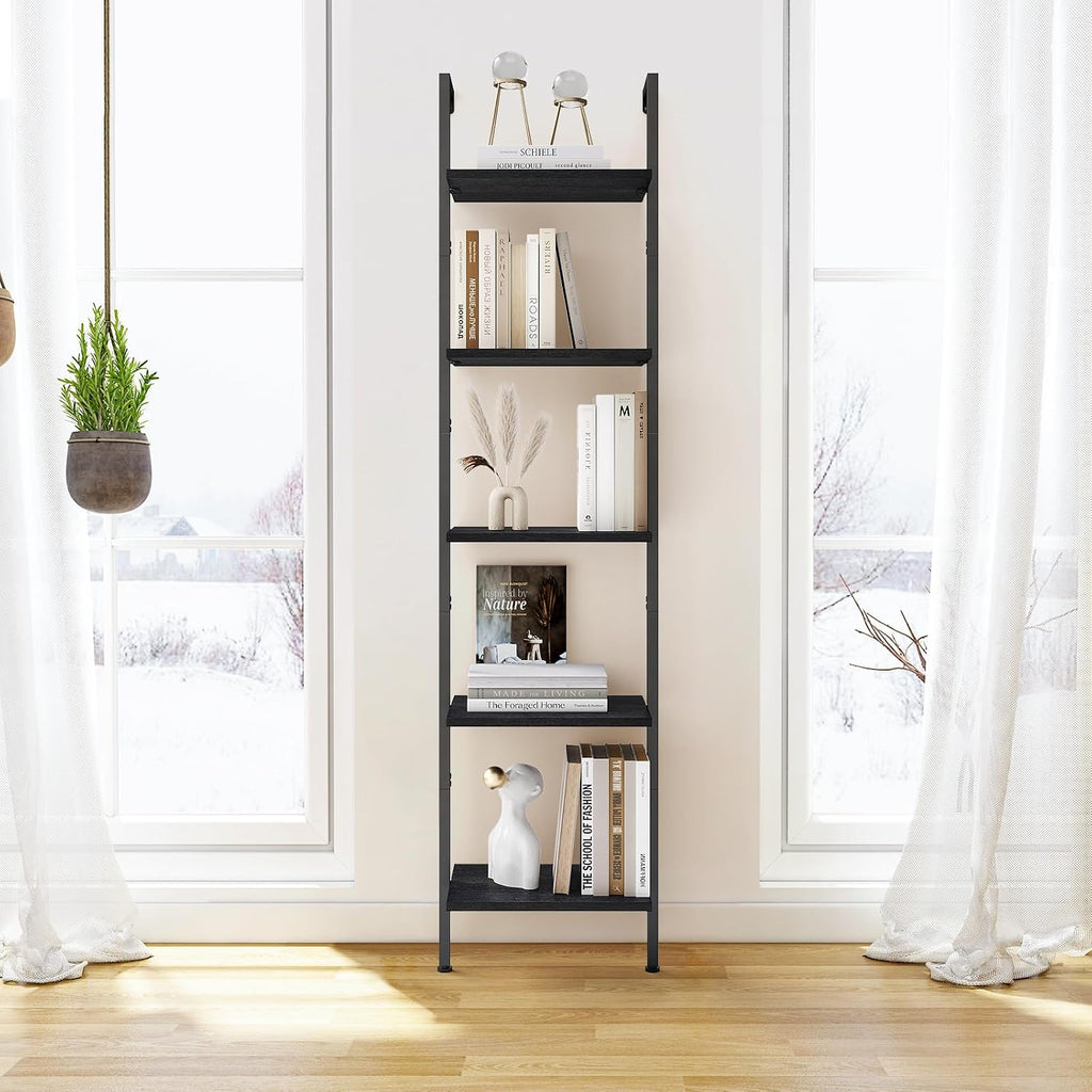 ELYKEN Ladder Shelf, 5-Tier Wood Wall Mounted Ladder Bookshelf | Leaning Storage Shelves with Metal Frame, Vintage Open Display Organizer Rack for Living Room, Bedroom, Home Office, Black