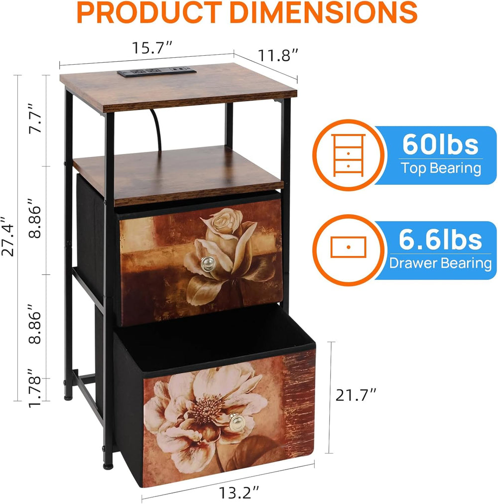 ALBAD Nightstand with Charging Station and LED Lights, Brown Flower Drawers |...