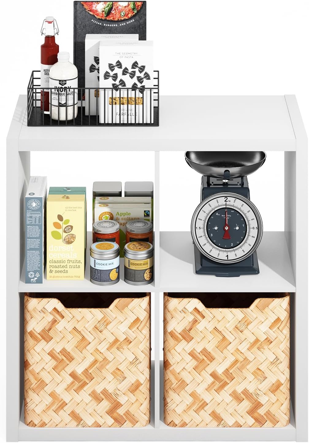 Furinno Hermite 4-Cube White Coffee Bar, Kitchen Island, Kitchen Storage, Bakers Rack, for Pantry Organizers and Storage, Kitchen Organization, Plain White