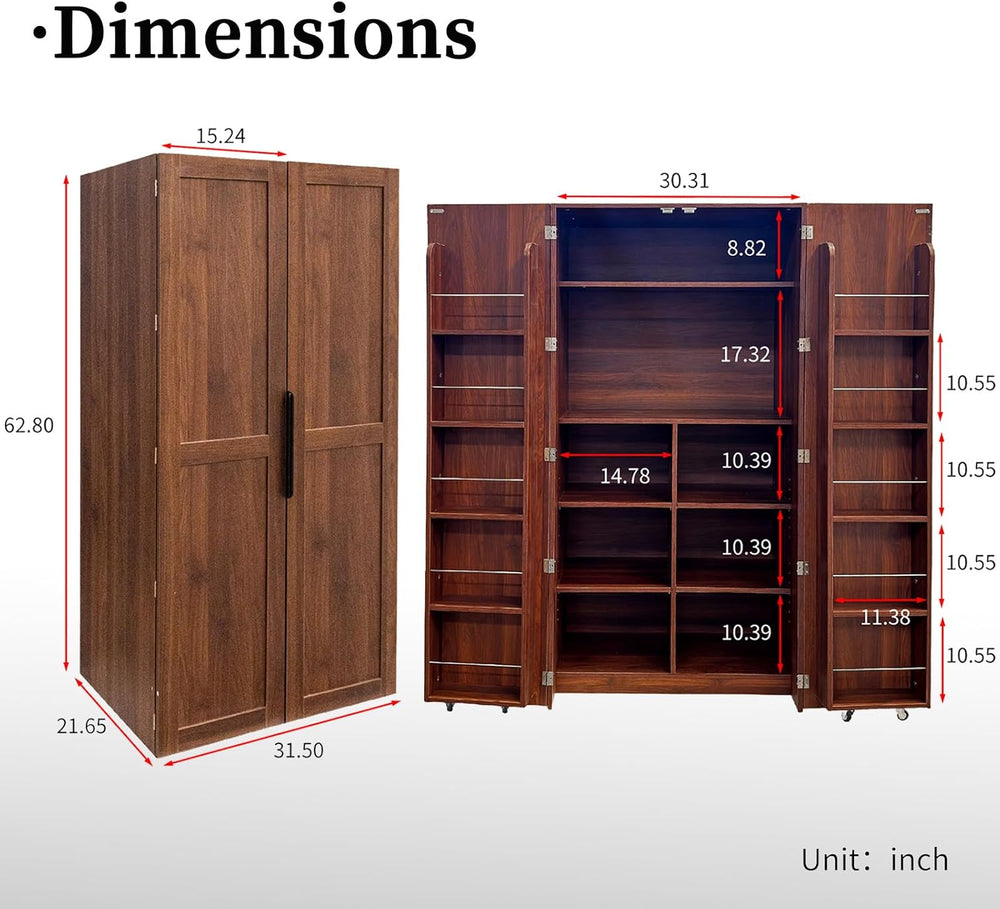 22 in Deep Kitchen Pantry Storage Cabinet with Door Shelving Walnut | 180° Do...