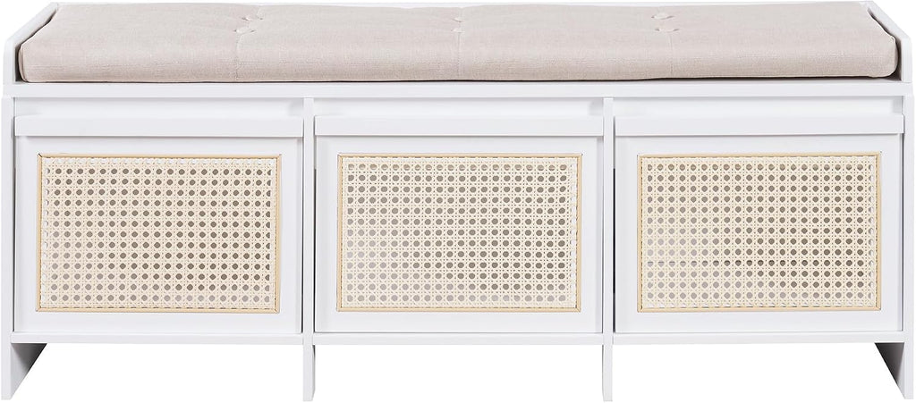 SOFTSEA 48" Shoe Storage Bench with Cushion, 2-Tier Entryway Bench with 3 Rattan Storage Drawers & Lift Top Storage, Retro Shoe Cabinet for Hallway, Bedroom, Living Room, White