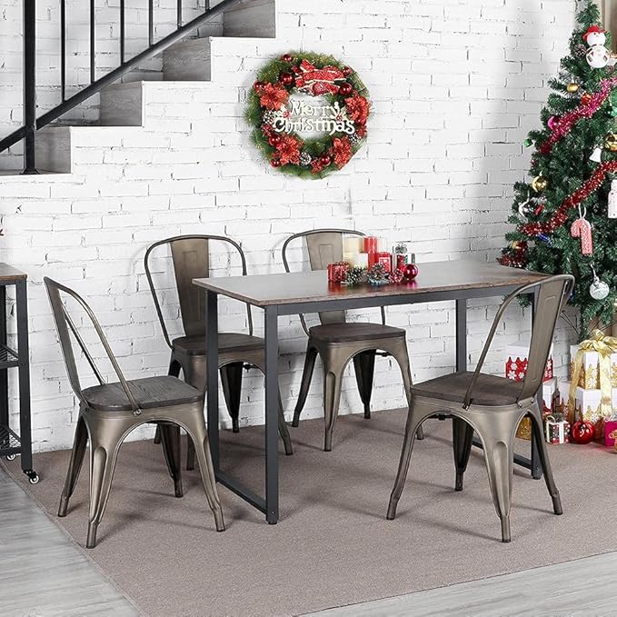 Yaheetech Metal Dining Chairs Set of 4, Industrial Stackable Kitchen Chairs with Wood Top Seat for Dining Room/Restaurant/Bistro/Patio, Indoor & Outdoor Use, Gun Metal