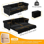 KEIKI 3-in-1 Velvet Chesterfield Sofa Bed with Ottoman, Convertible King Size Sleeper Couch, Rolled Arm Design, Comfortable 3-Seater for Living Room or Bedroom, Black