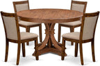 F7MZ5-50N-04 5-Pc Dining Table Set Includes a Pedestal Dinner Table and 4 Light Tan Polyester Fabric Parson Chairs with Padded Back- Antique Walnut