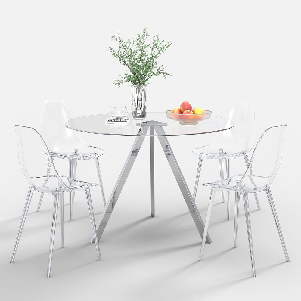 Round Dining Table Set for 4, 39" Clear Tempered Glass Table with Sliver...