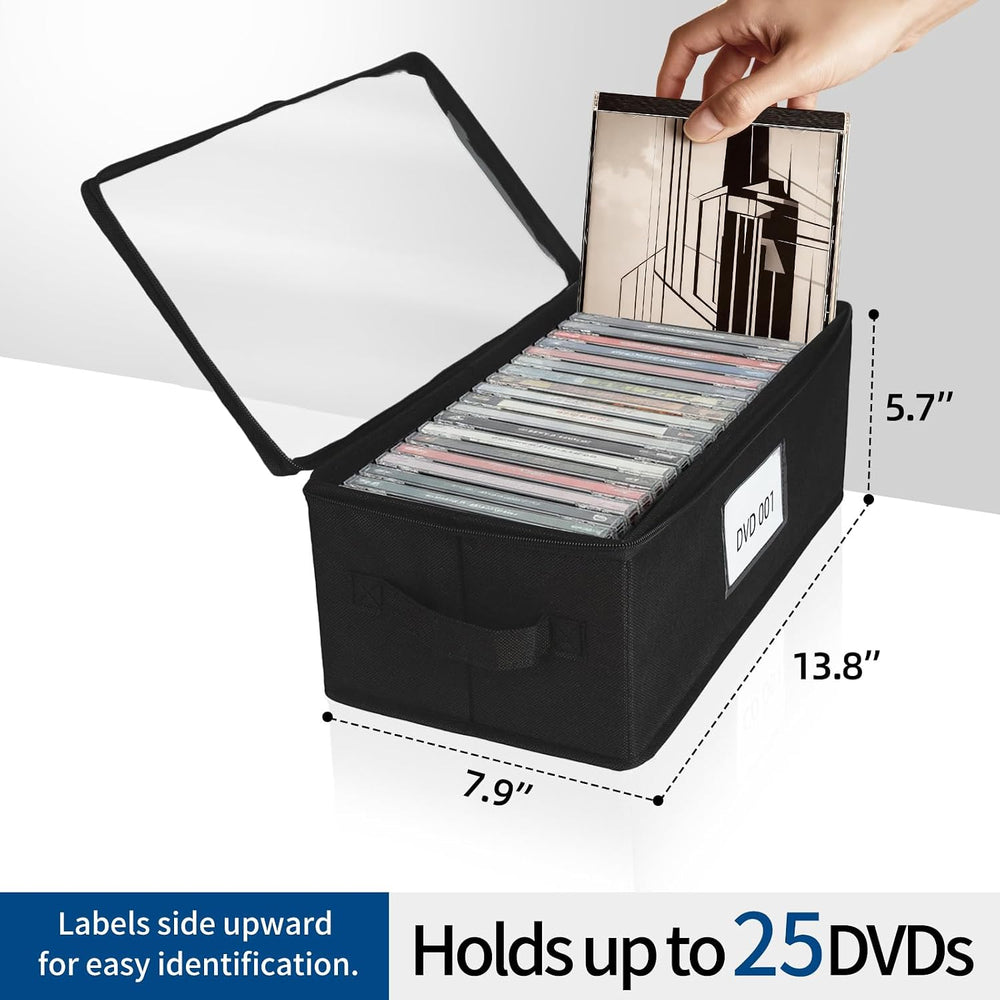 4 Pack Durable Fabric DVD Storage Box with Clear PVC Lid, Holds 25 Standard D...
