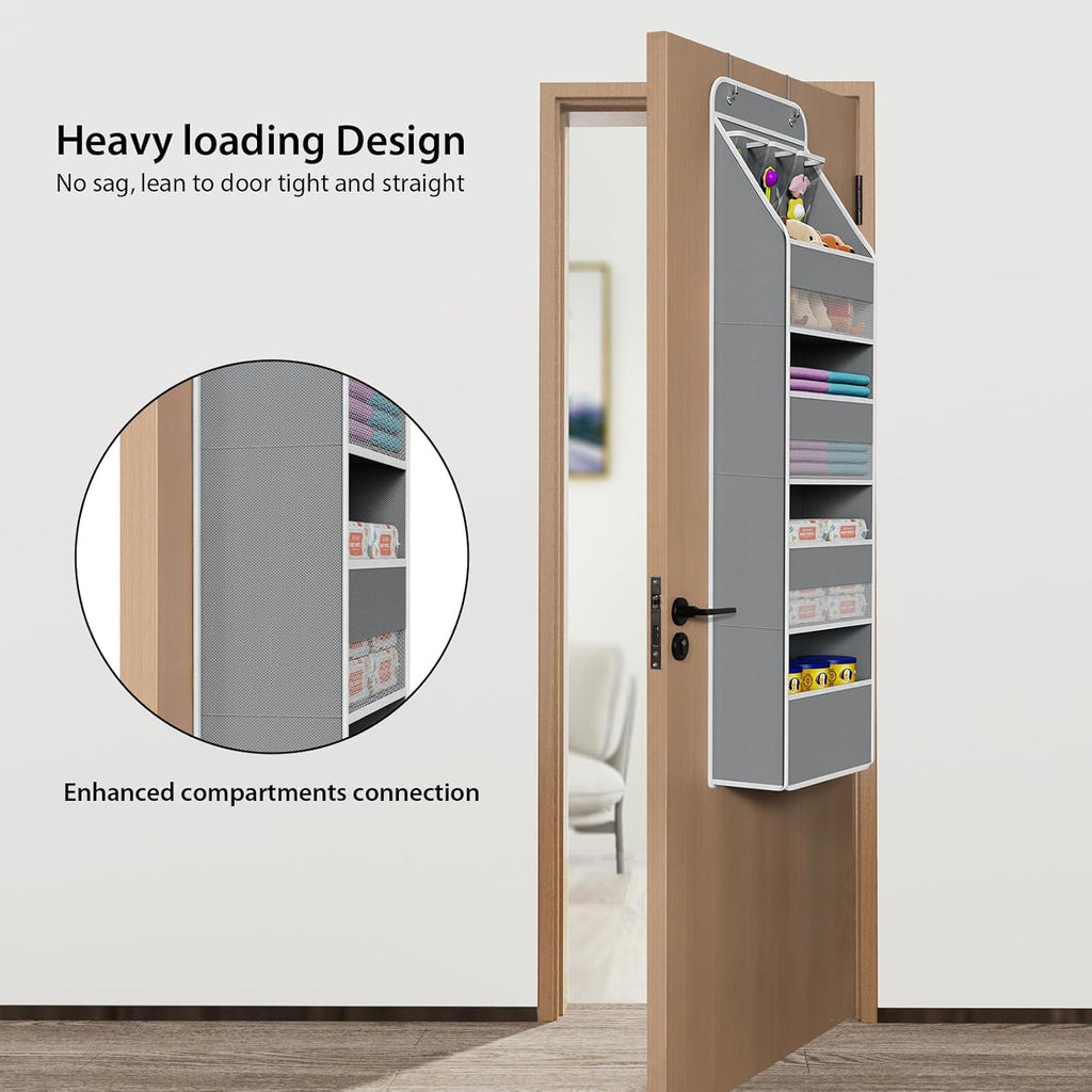 Univivi 5-Shelf Fabric Door Storage Over Door Hanging Organizer with 4 Large Pockets and 3 Small PVC Pockets Nursery Closet Cabinet Wall Mount Hanging Storage Organizers for Baby Nursery (Grey)