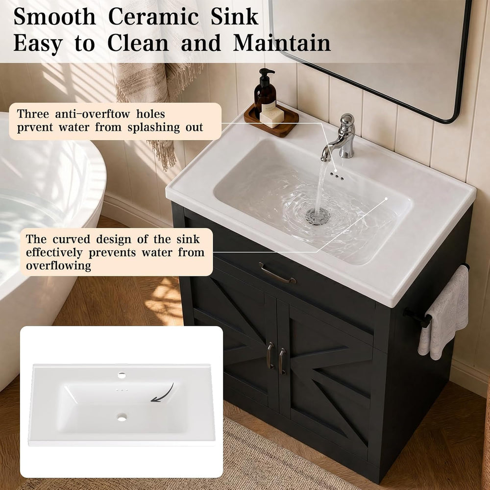31 Inch Bathroom Vanity with Sink, Drawer and Barn Doors Cabinet, Black | Far...