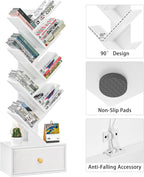 8 Tier Tree Bookshelf with Drawer, Free Standing Wood Bookcase for Living Room, Bedroom, Home Office, Space Saving Storage Organizer Bookshelves for Books, CDs, Vinyl Records- White