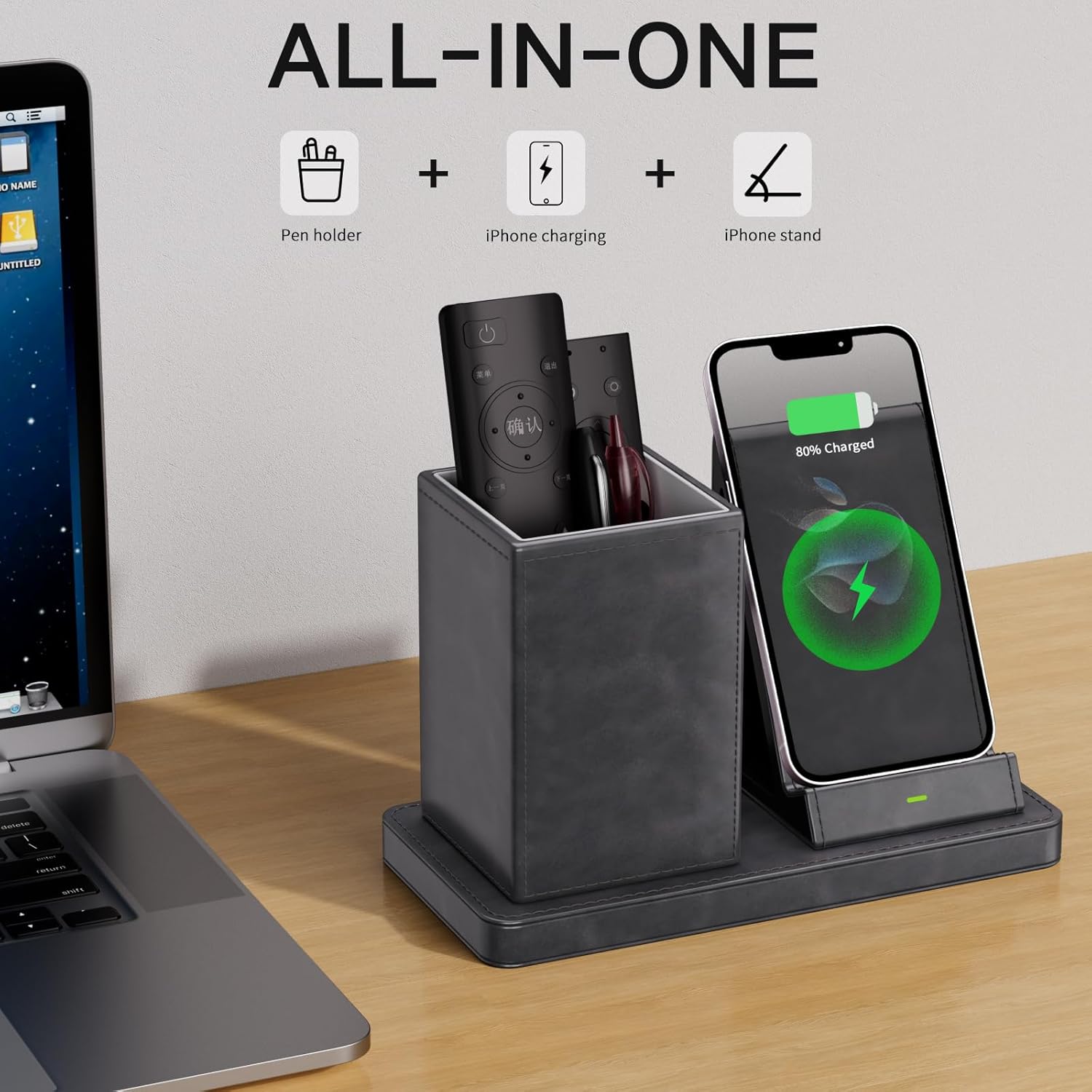 Multi-Functional Pencil Holder for Desk,Gray Vegan Leather Organizers with Remote Control Holder,Pencil Holder,Desk Organizer with Phone Wireless Charger for Office/Nightstand/Endtable