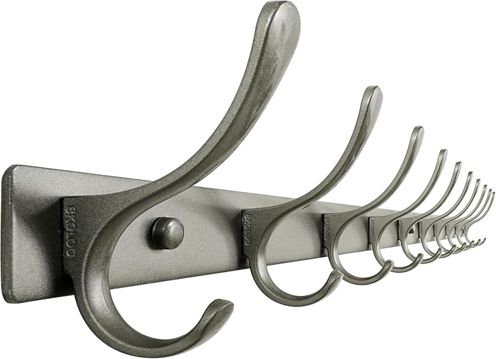 SKOLOO Coat Rack Wall Mounted - 10 Hooks, Heavy Duty, Stainless Steel, Metal Wall Hanger, Sturdy Coat Hooks for Hanging Coats, Jacket, Clothes, Hat, Matte Grey