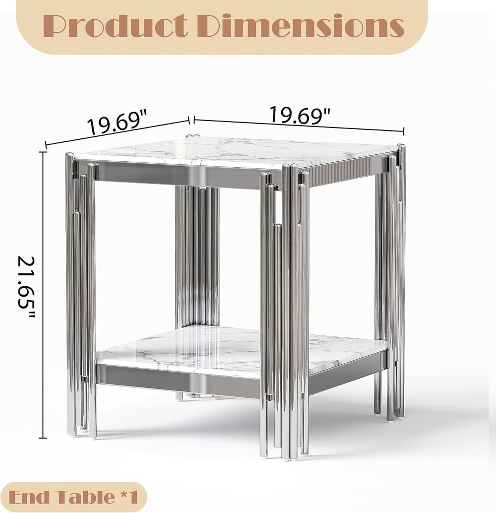 19" White Marble Side Table, 2-Tier Square Modern End Table with Silver ...