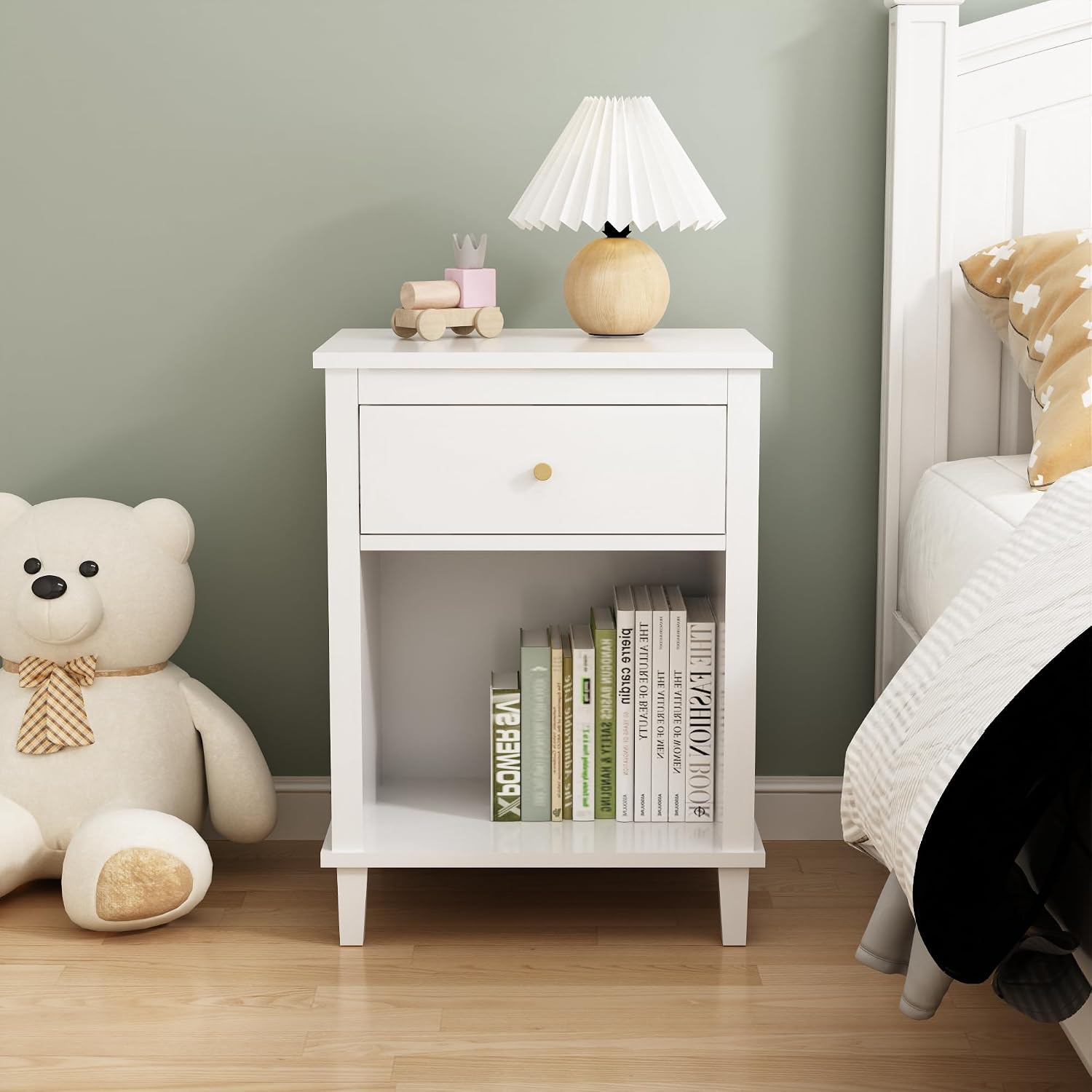 extrasleep Kids Nightstand with Storage Drawer, 27''H Wooden Toddler Night Stand for Boys Girls Toddler, Modern End Table with Shelf for Bedroom Living Room, Kids Small Bedside Table (White)