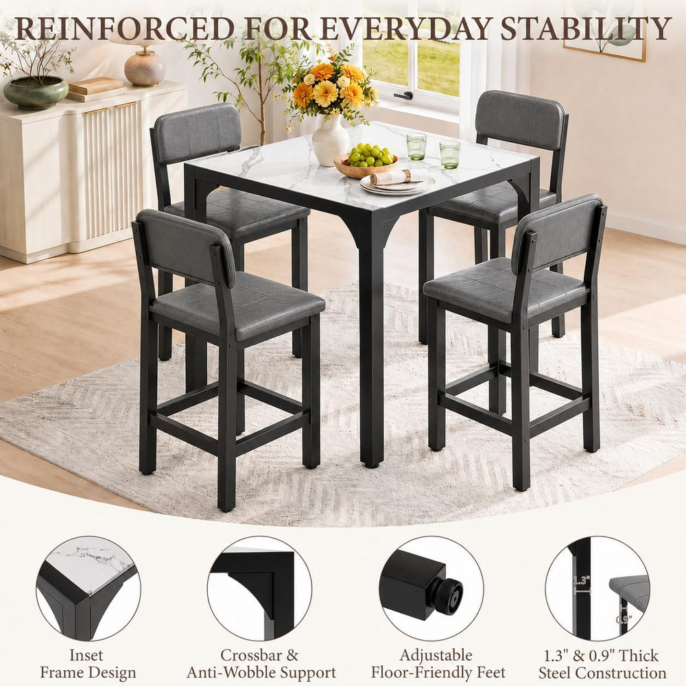 XIAO WEI 5-Piece Counter Height Dining Table Set for 4, Marble-Look, Grey