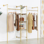 Industrial Pipe Gold Clothing Rack with Shelves, Retail Display Wall Mounted Storage Clothes Hanging Shelf Gold Pipeline Hanging Rod Steampunk Style, 4 Tier Wood Garment Rack 72.8x71inch