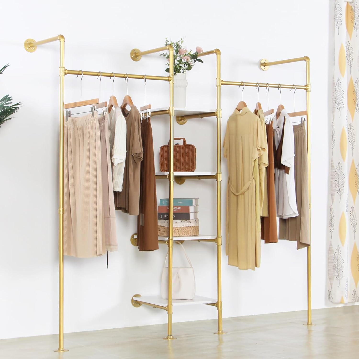 Industrial Pipe Gold Clothing Rack with Shelves, Retail Display Wall Mounted Storage Clothes Hanging Shelf Gold Pipeline Hanging Rod Steampunk Style, 4 Tier Wood Garment Rack 72.8x71inch
