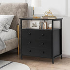 3 Wooden Drawers Nightstand, 27 Inch Wide Night Stand Set 2 with Charging Station and Adjustable Drawers, Bedside Table for Living Room/Bedroom/Office, Black.