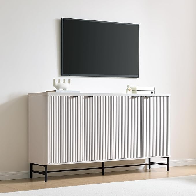 65" Large Sideboard Buffet Cabinet with Storage, Set of 2 Modern Fluted Credenza Accent Coffee Bar Console Tables with Doors & Adjustable Shelves for Living Room or Hallway, White