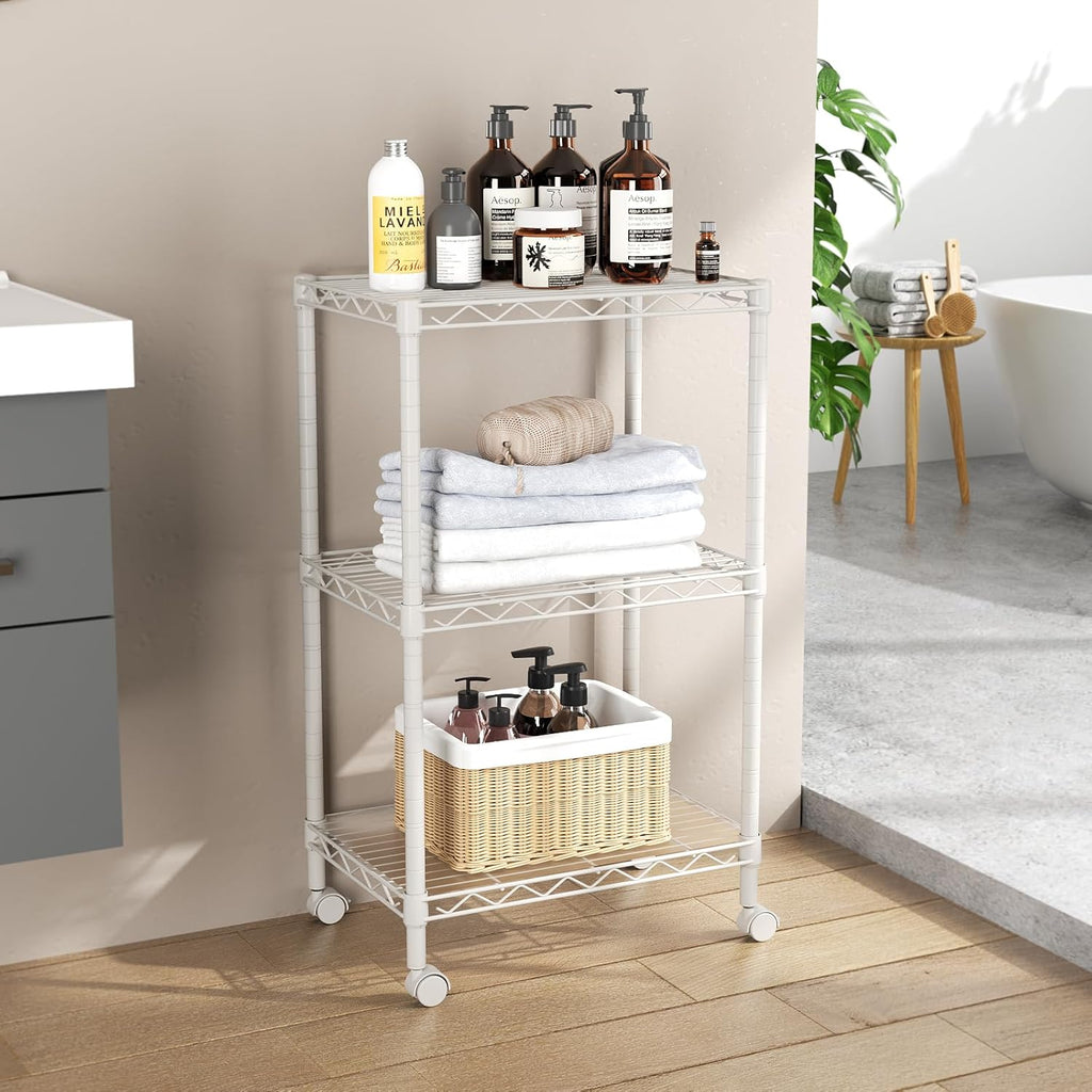 SINGAYE 3 Small Shelves Storage Shelf Wire Shelving Unit Metal Shelf Adjustable Organizers Storage Shelving with Wheels for Bathroom Laundry Room Kitchen Pantry