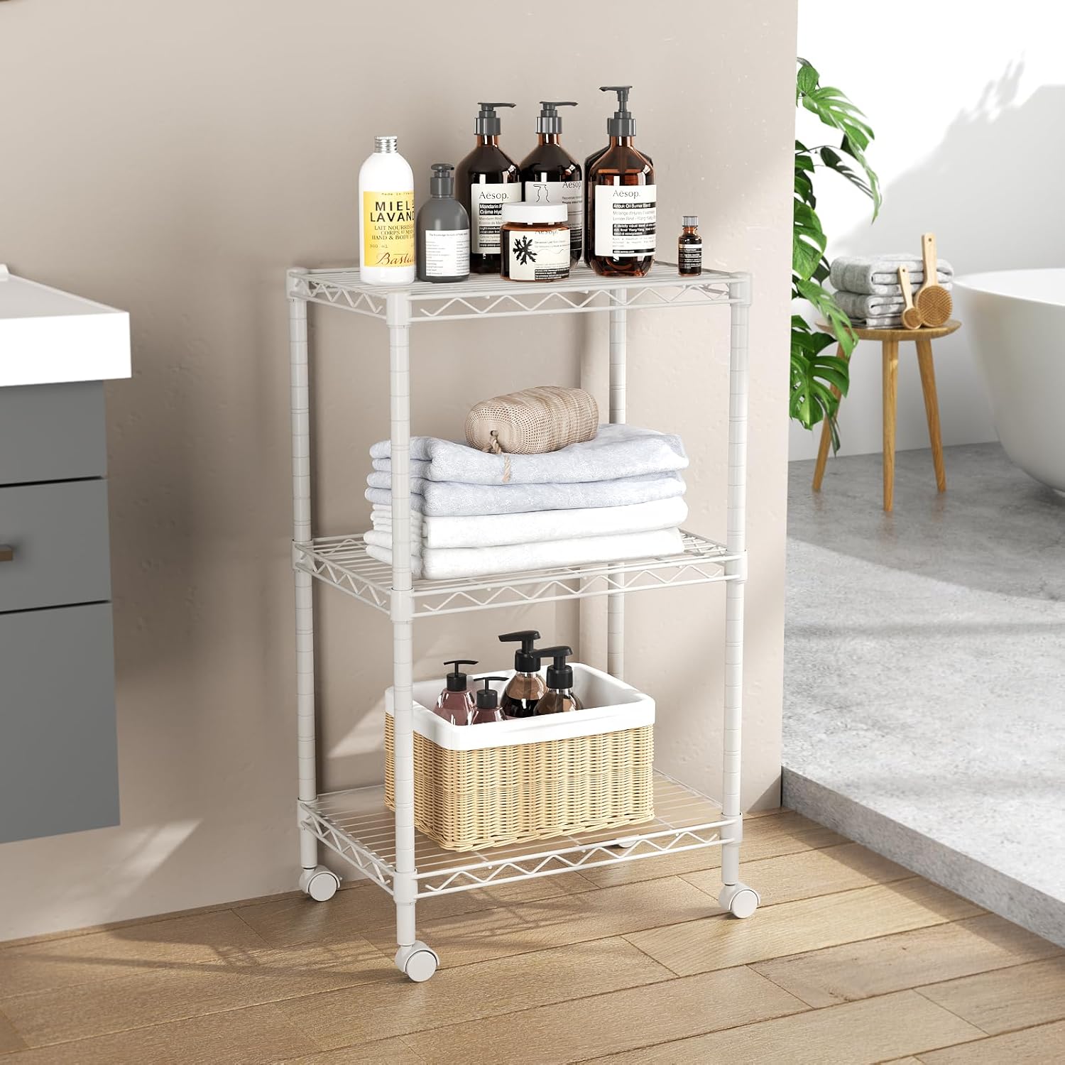 SINGAYE 3 Small Shelves Storage Shelf Wire Shelving Unit Metal Shelf Adjustable Organizers Storage Shelving with Wheels for Bathroom Laundry Room Kitchen Pantry