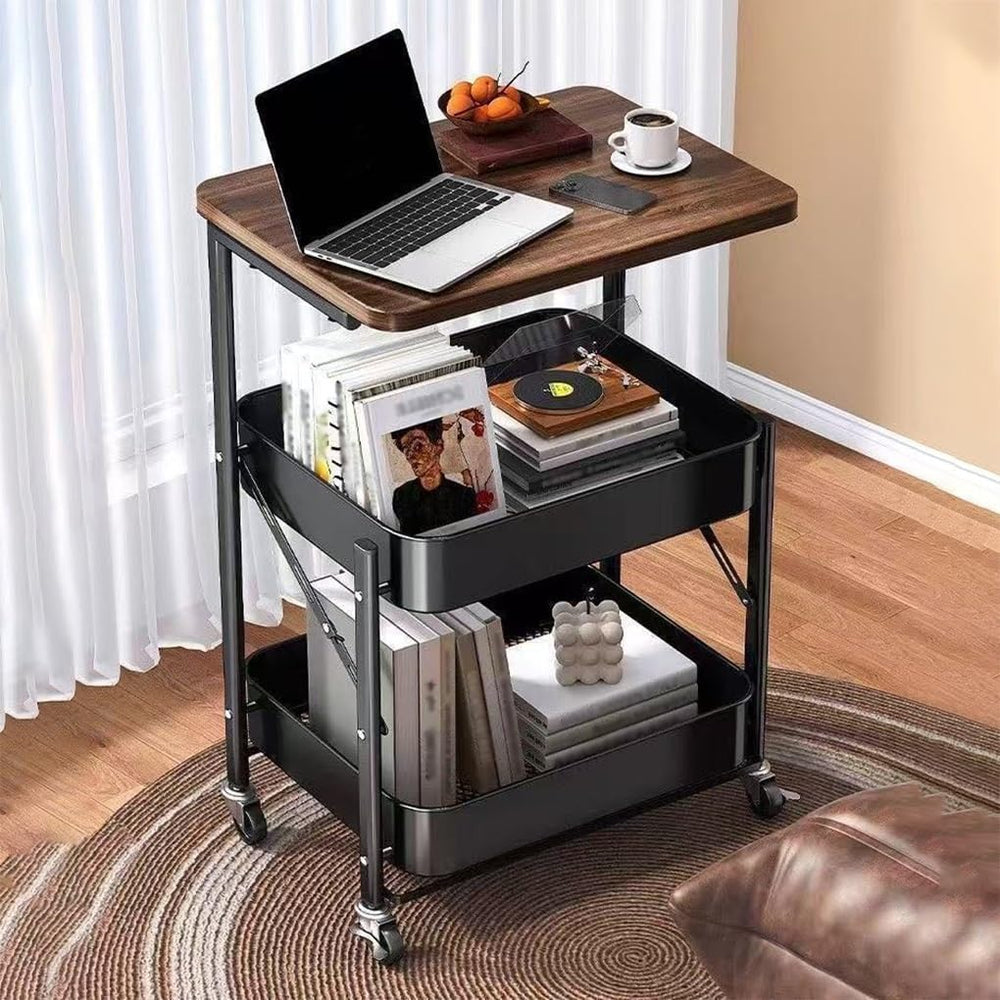 Foldable Narrow Modern Sofa Table with Open Storage Shelves, Movable Side Tab...