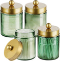 Amolliar Sage Green Apothecary Glass Jar With Metal Lid & Stickers, Bathroom Qtip Holder Storage Canister, Farmhouse Decor for Cotton Balls, Cotton Swabs, Round Pads, Bath Salt, Floss,Gold 4 Pack