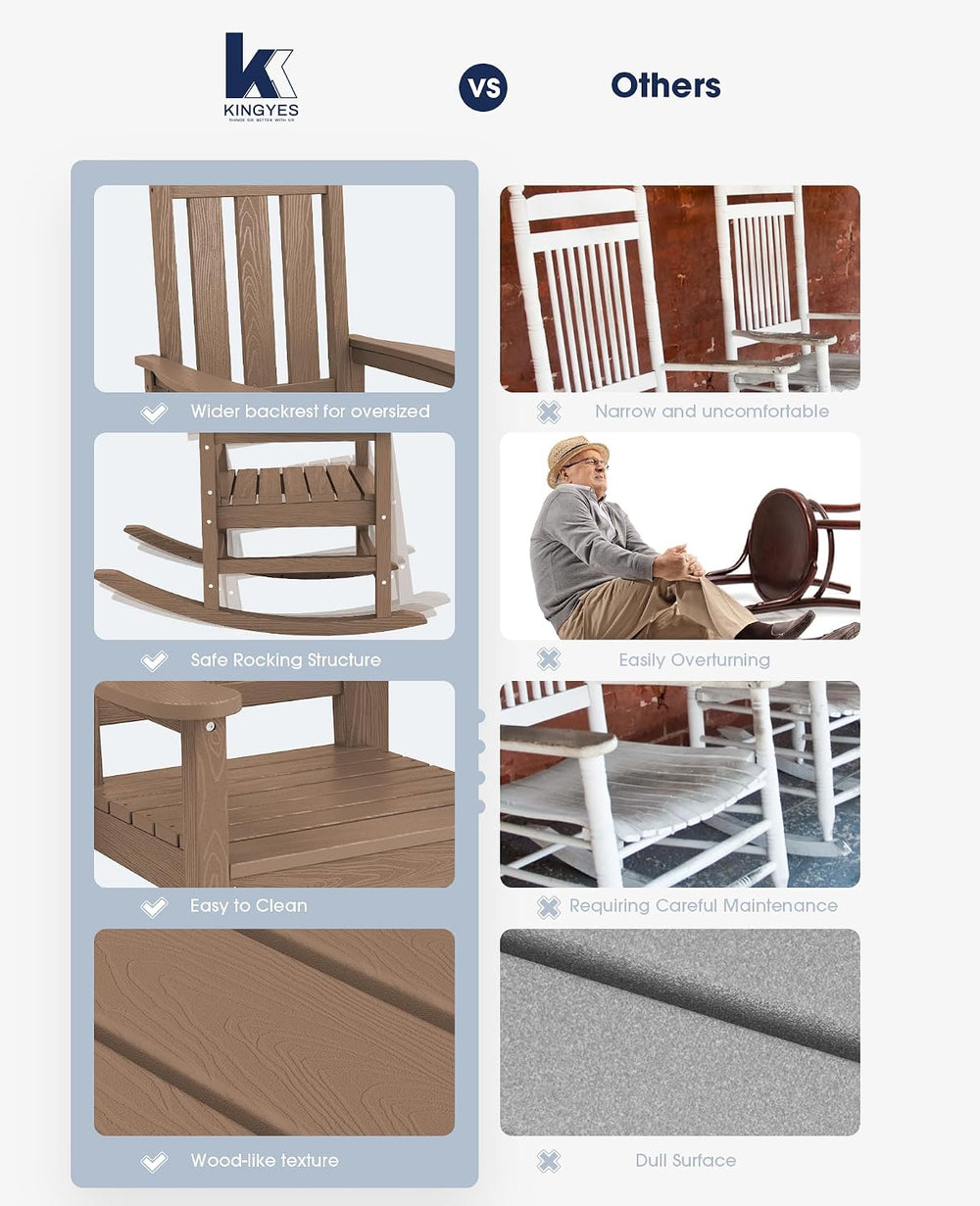 KINGYES Oversized Outdoor Rocking Chair Set of 2, HDPE Patio Rockers, Brown |...