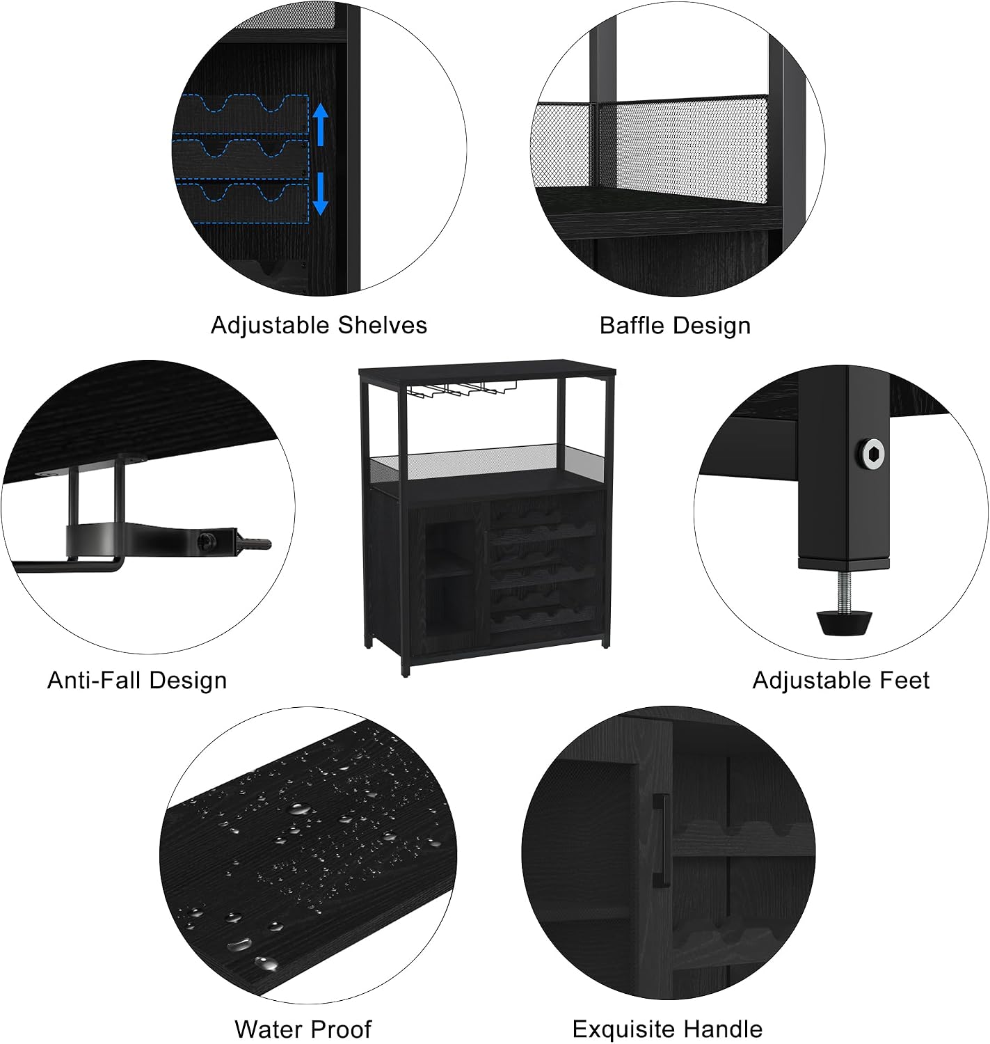 GarveeHome Wine Bar Cabinet with LED Lights, Liquor Cabinet with Storage | 3-Tier Coffee Bar Cabinet with Wine Rack, Glass Holder & Mesh Door, Sideboard Buffet Bar for Living Room, Dining Room, Black