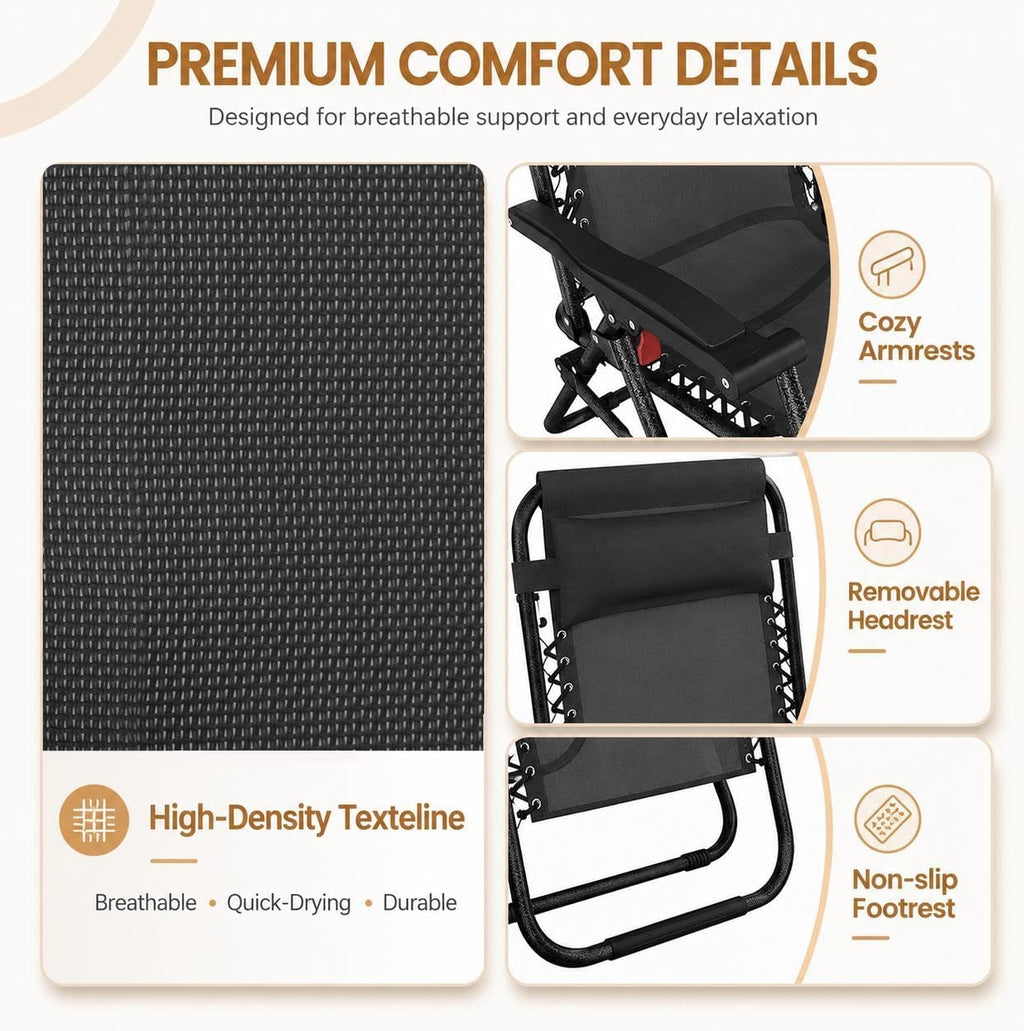 Yaheetech 26" Zero Gravity Recliners Adjustable Set of 2, New Black | Outdoor Folding Reclining Lounge Chairs w/Pillows, Cup Holder Trays and Carry Strap for Camping, Backyard, Beach, Indoor