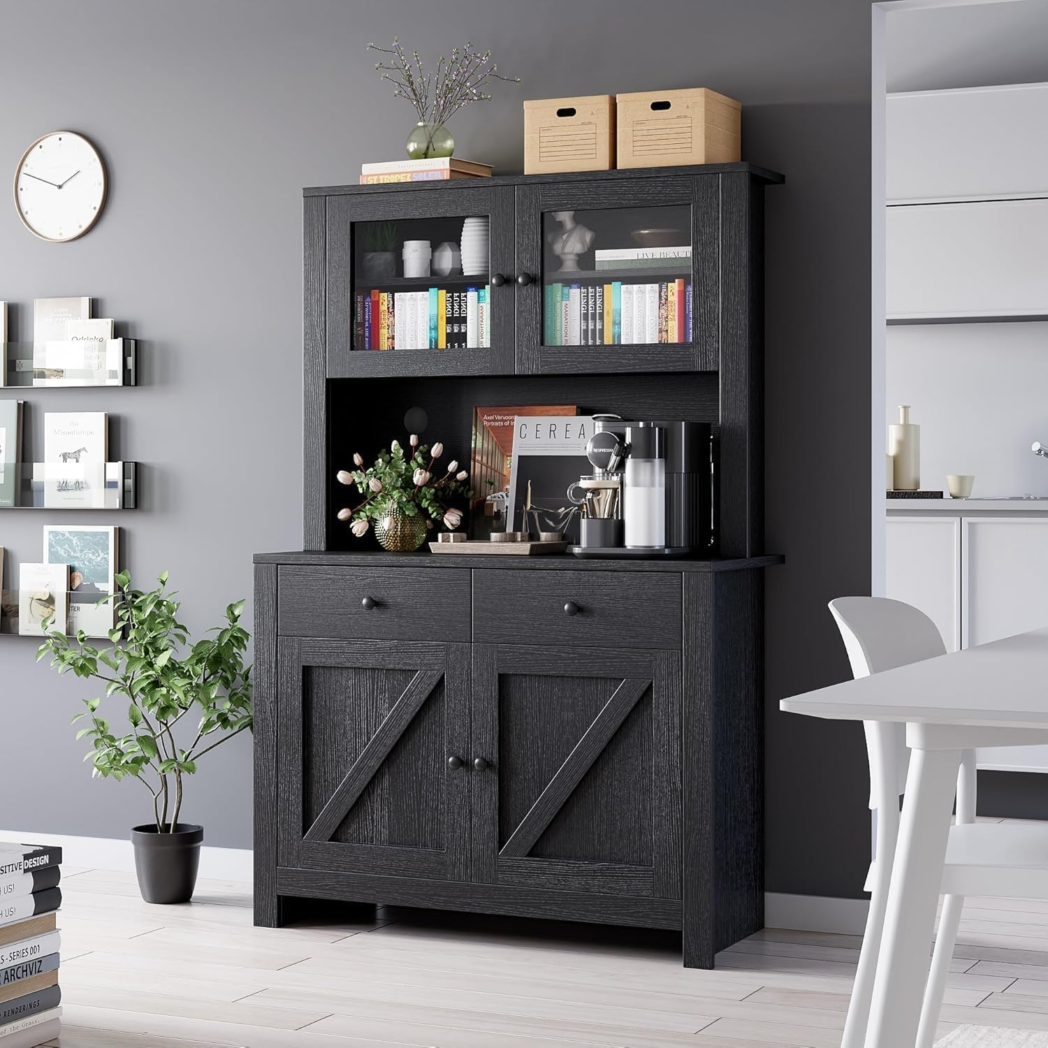 Kitchen Storage Cabinet, Pantry Cabinet with Microwave Stand & Coffee Bar, Freestanding Storage Hutch with 4 Doors & Adjustable Shelves, Multi-Functional Organizer for Kitchen, Dining Room, Black