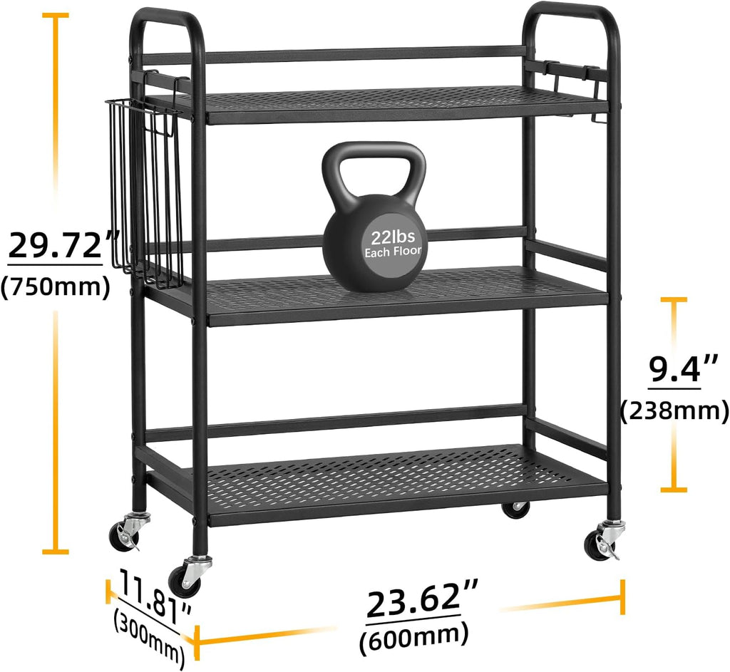 HDANI 3 Tier Metal Mesh Utility Cart,Large Capacity Multipurpose Heavy Vehicle,Rolling Trolley with to Hooks and One Basket(Black)