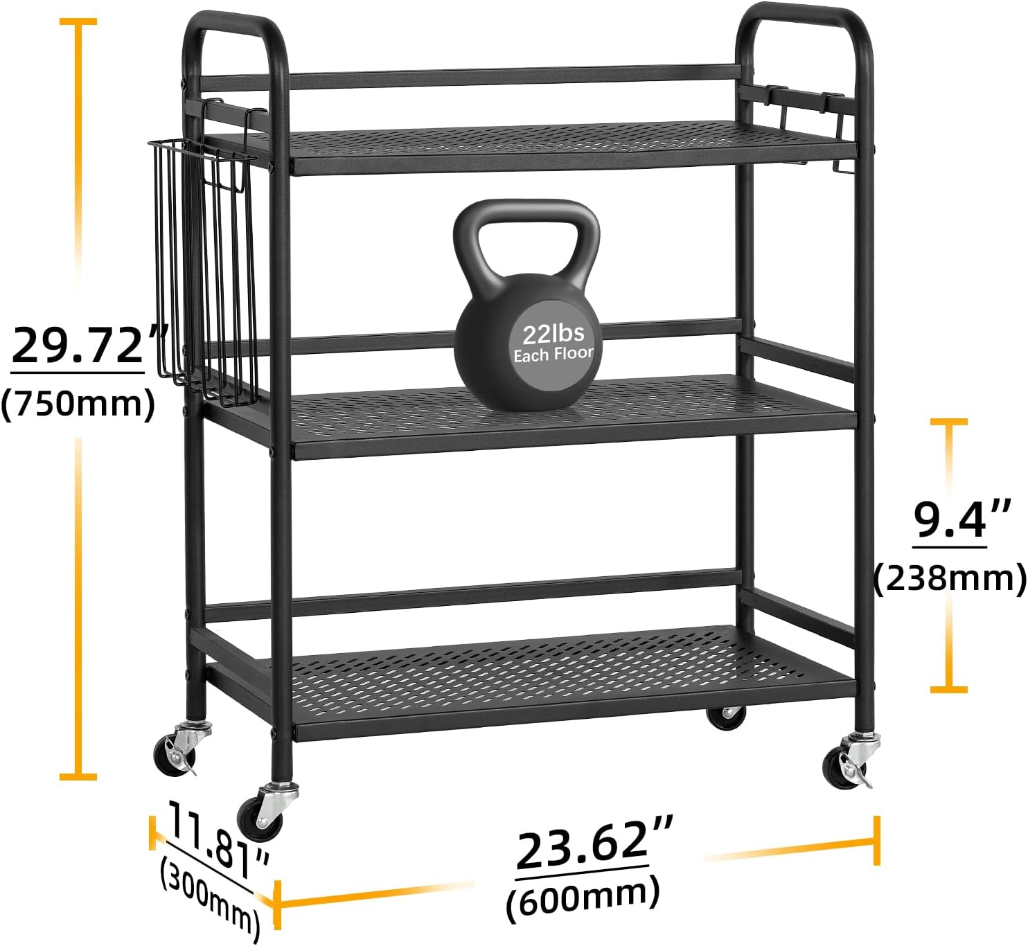 HDANI 3 Tier Metal Mesh Utility Cart,Large Capacity Multipurpose Heavy Vehicle,Rolling Trolley with to Hooks and One Basket(Black)