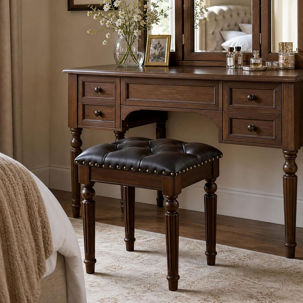 Black Faux Leather Vanity Stool, Backless, Victorian Style | Small Tufted Ben...