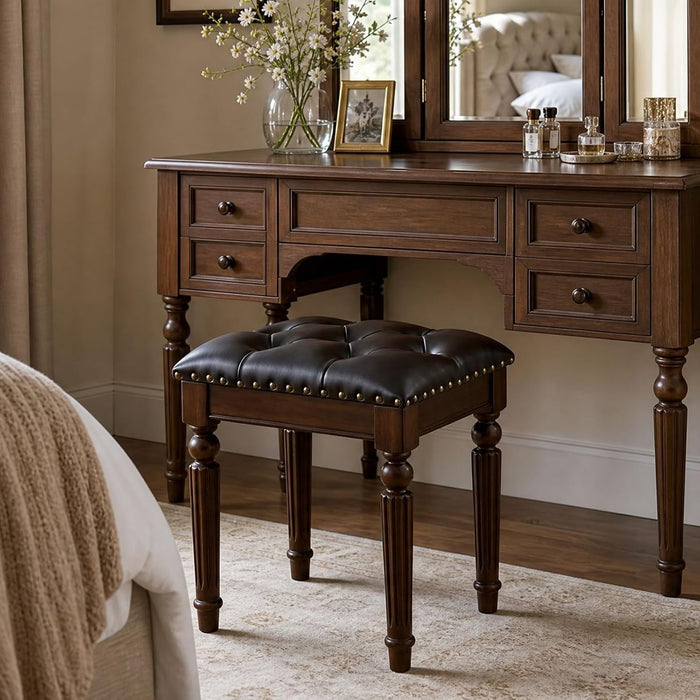 Black Faux Leather Vanity Stool, Backless, Victorian Style | Small Tufted Bench, Nailhead Trim, Leatherette Seat, Heavy Duty Carved Walnut-Finish Solid Wood Legs, Makeup Stool