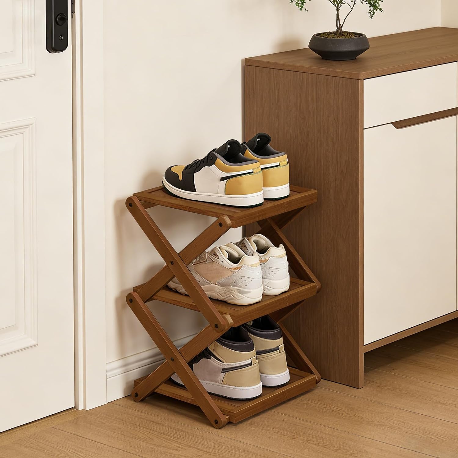 YYW Shoe Rack, Foldable Bamboo Shoes Shelf, Freestanding Shoe Storage Organiser for Entryway, Bedroom, Closet, Hallway, (Brown, 3 Layers, 25)