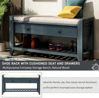 39″ Storage Bench with Cushioned Seat and Drawers,Multipurpose Wooden Entryway Ottoman,Hidden Compartment Organizing Shoe Rack,for Bedroom Hallway Porch,Antique Navy
