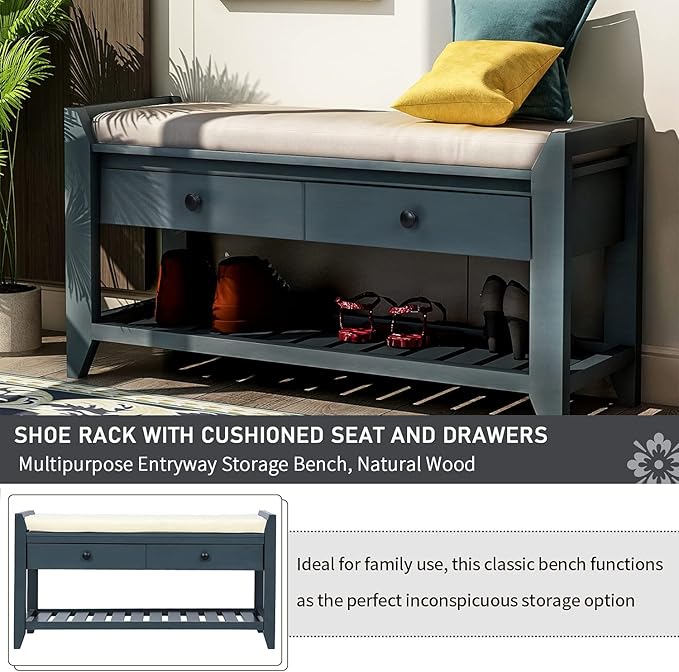 39″ Storage Bench with Cushioned Seat and Drawers,Multipurpose Wooden Entryway Ottoman,Hidden Compartment Organizing Shoe Rack,for Bedroom Hallway Porch,Antique Navy