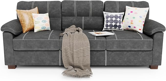 80 Inch Dark Grey Faux Leather Sofa Couch - Wide Armrests with 2 Pillows, Deep Seats, Contrast Stitching, 3 Seater Leather Couches for Living Room, Bedroom, Apartment