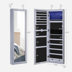 SONGMICS 6 LEDs Mirror Jewelry Cabinet, 47.2-Inch Tall Lockable Wall or Door Mounted Jewelry Armoire Organizer with Mirror, 2 Drawers, Christmas Gift, 3.9 x 14.6 x 47.2 Inches, Gray
