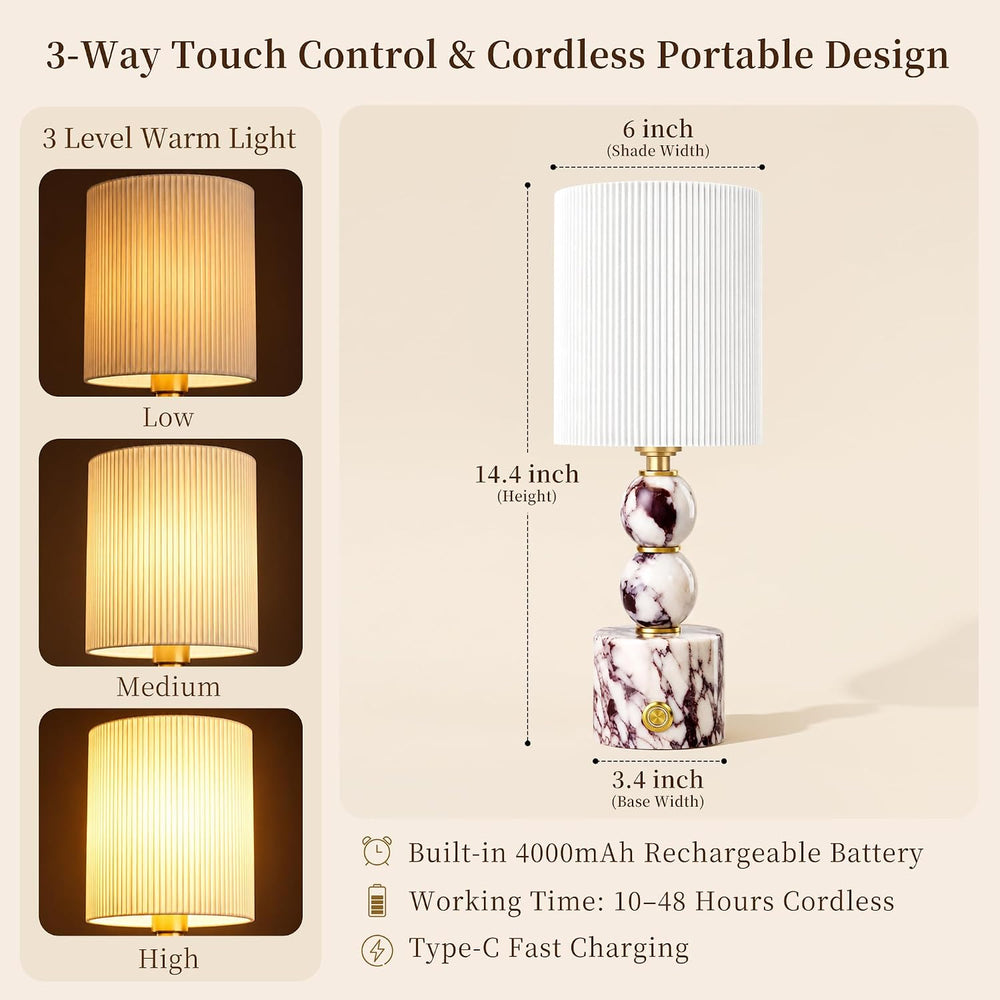 AOPO Marble Table Lamp Calacatta Natural Cordless lamp, Home Decor, 14.4"