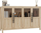 GarveeHome Sideboard Buffet Cabinet with 4 Glass Doors, 55" Buffet Table Coffee Bar Wine Bar Display Cabinet for Kitchen Dining Room, Living Room (Natrual, Glass with 4 Doors)