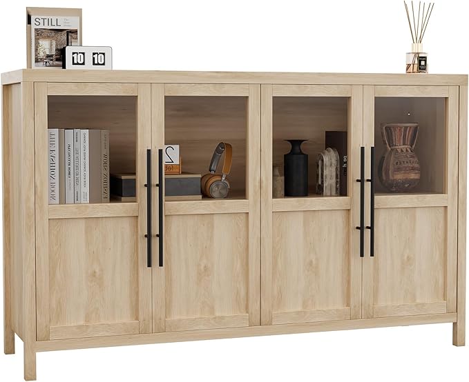 GarveeHome Sideboard Buffet Cabinet with 4 Glass Doors, 55" Buffet Table Coffee Bar Wine Bar Display Cabinet for Kitchen Dining Room, Living Room (Natrual, Glass with 4 Doors)