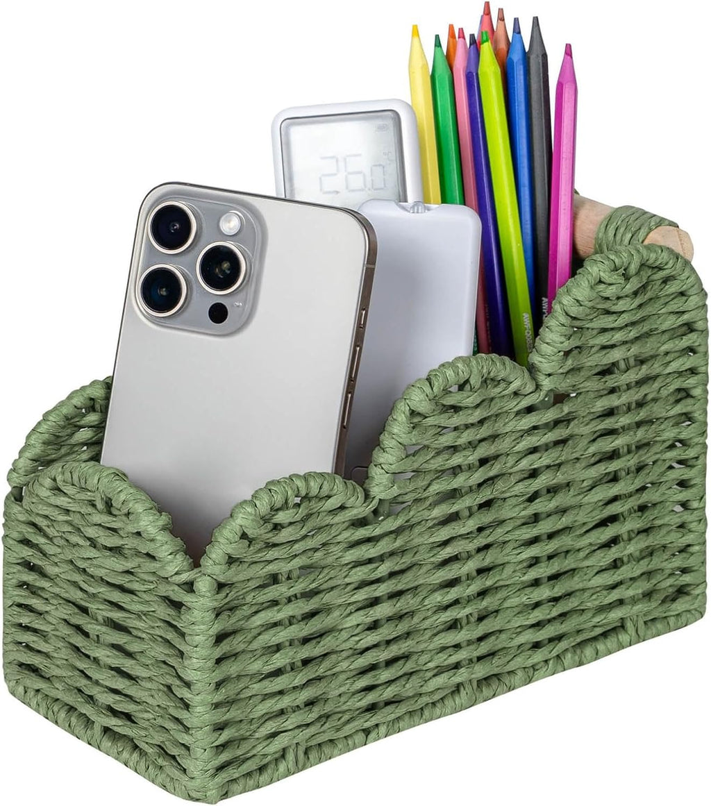 CubesLand Scalloped TV Remote Control Holder Bedside Candy Organizer, Office Desk Storage Organizer Accessories, Pen Pencil Cup, Makeup Brush Holder, Fits Farmhouse Rustic Decor, Earth Friendly, Green