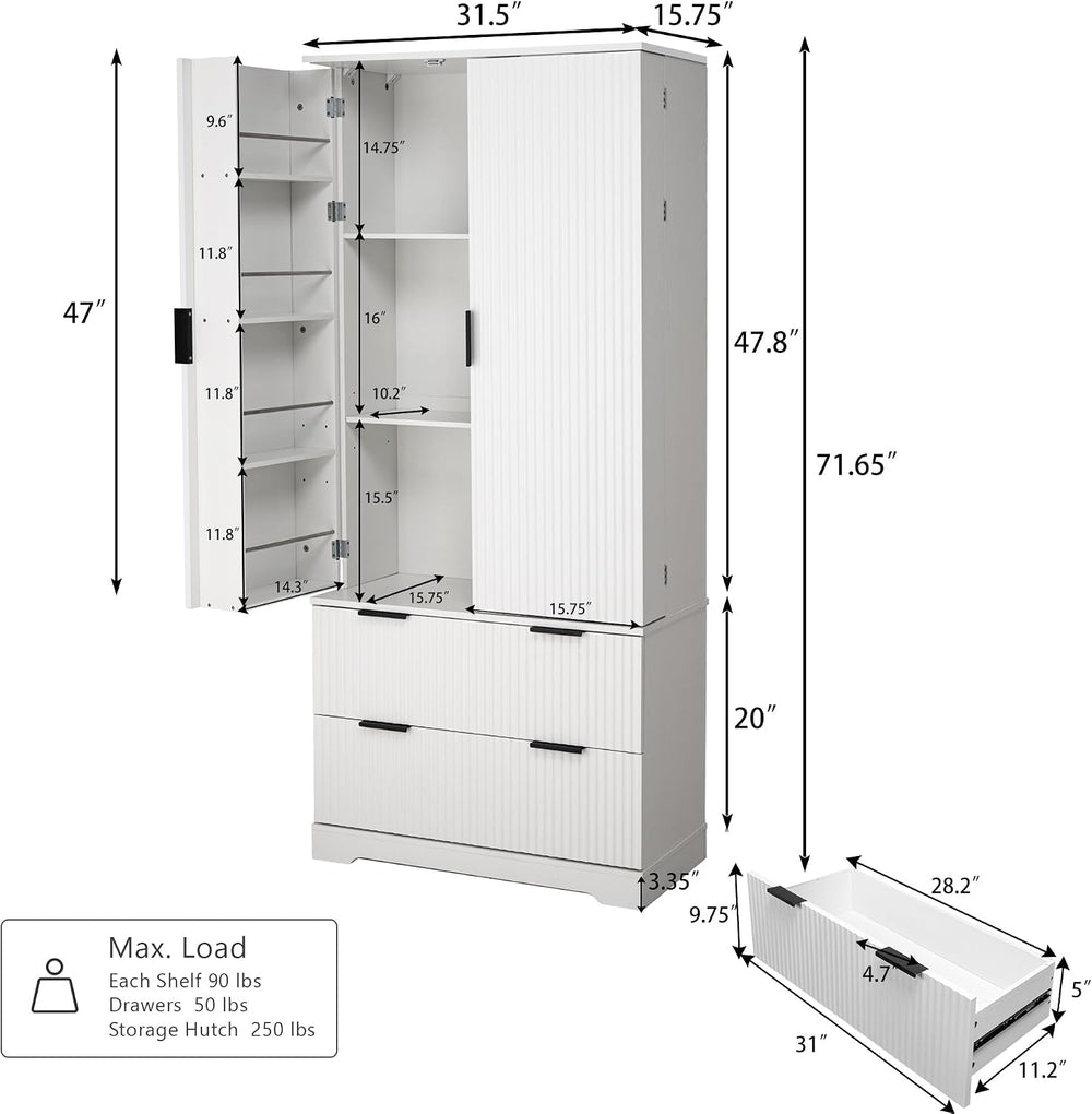 Polibi 72" Freestanding Fluted Kitchen Pantry Cabinet with 2 Large Drawe...