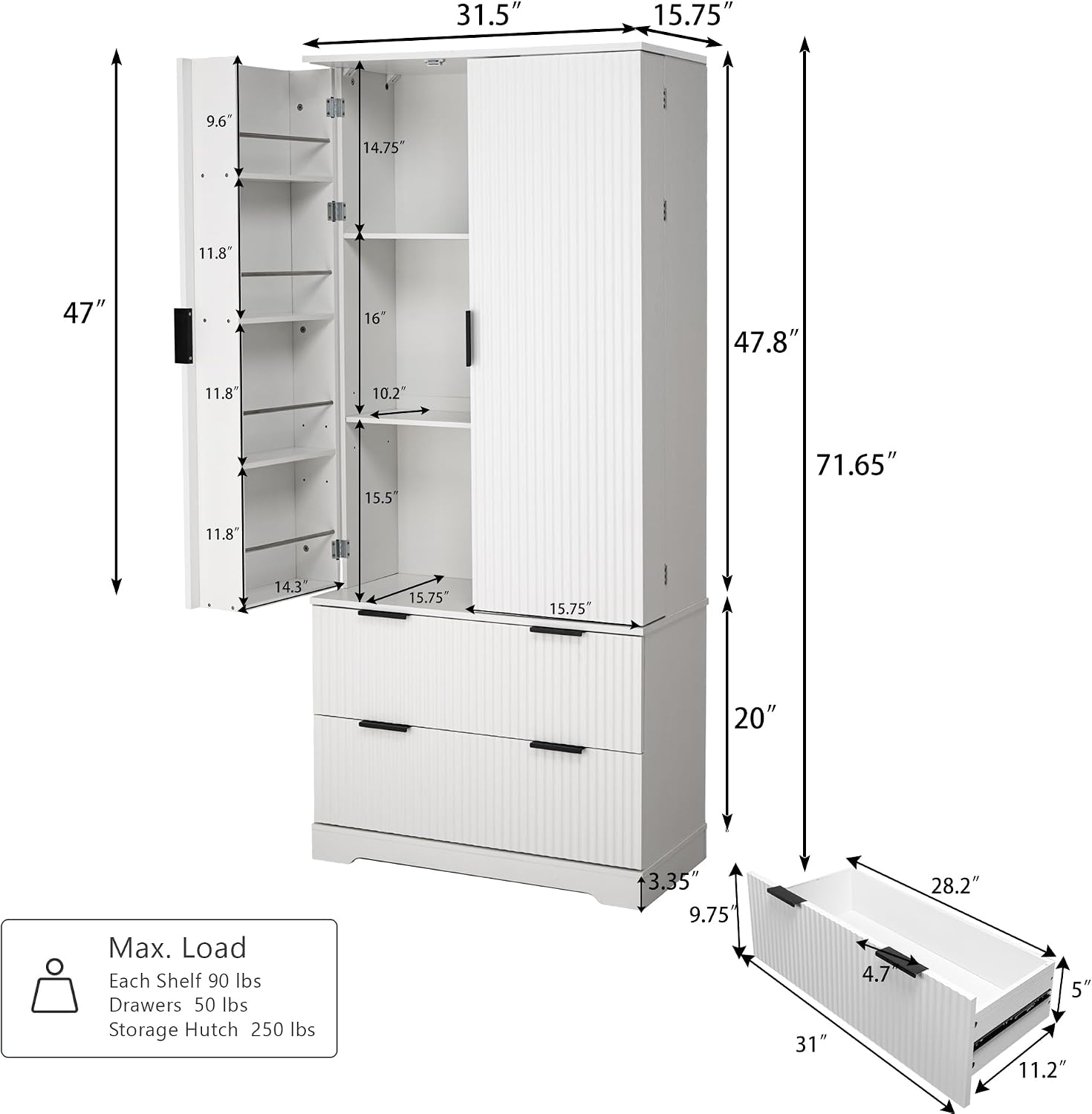 Polibi 72" Freestanding Fluted Kitchen Pantry Cabinet with 2 Large Drawers & 8-Door Spice Rack, Storage Organizer for Dining Room, Office, Entryway, or Hallway (White)