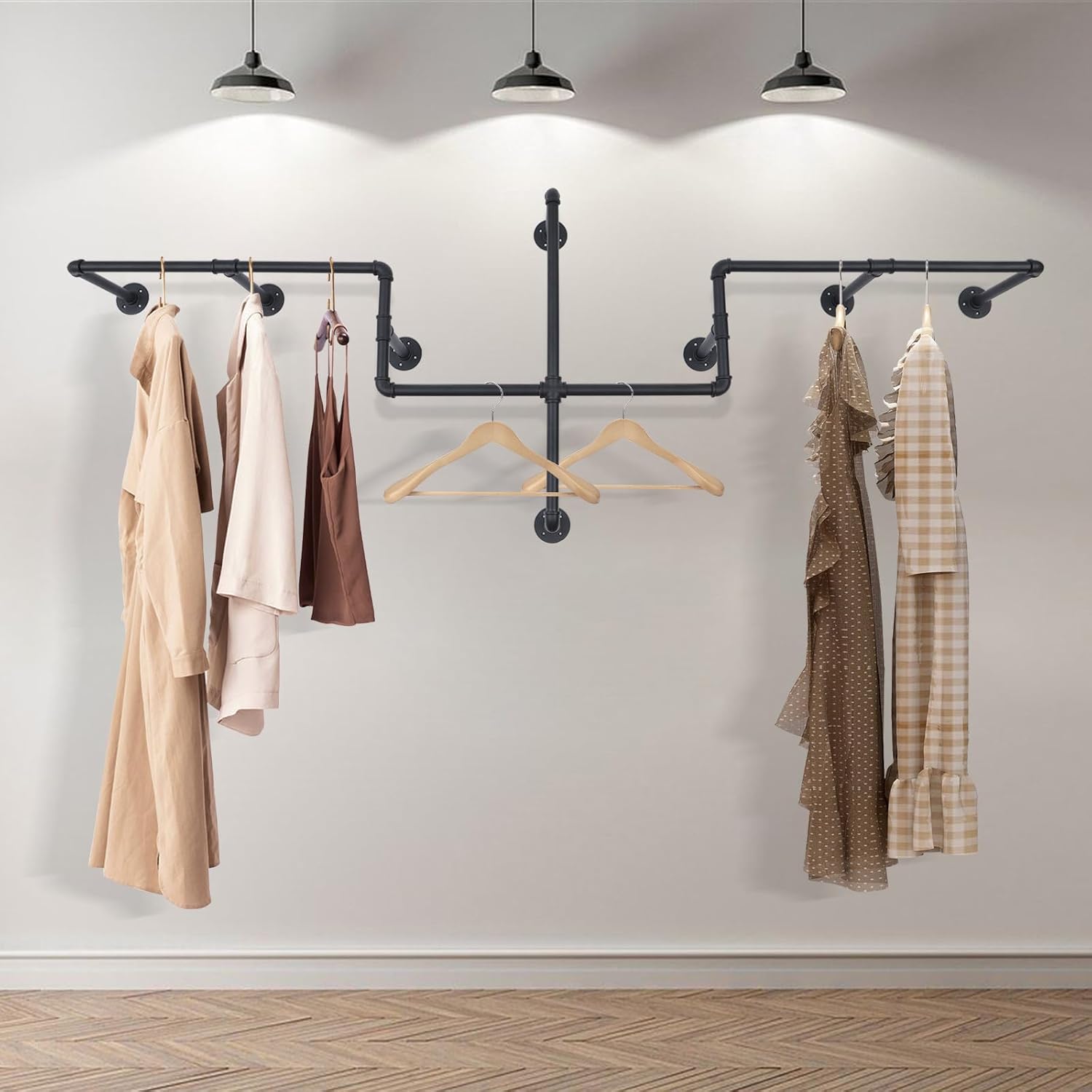 Industrial Pipe Clothes Rack Wall Mounted, 85.83 inches Heavy Duty Iron Pipe Clothing Garment Rail, Multi-Purpose Clothing Hanging Rod for Laundry Room and Closet Storage